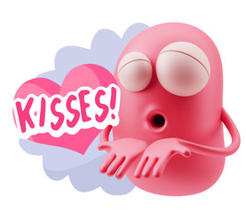 3d Rendering. Love Emoticon Face Kiss Flying Heart Shape saying