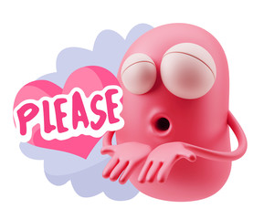 3d Rendering. Love Emoticon Face Kiss Flying Heart Shape saying