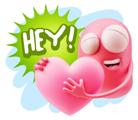 3d Rendering. Emoji in love holding heart shape saying Hey with