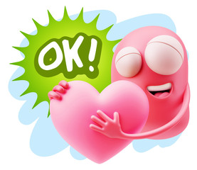 3d Rendering. Emoji in love holding heart shape saying Ok with C