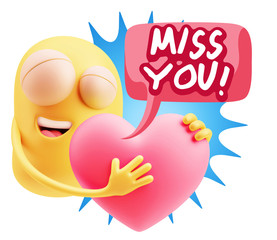 3d Rendering. Emoji in love holding heart shape saying Miss You