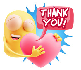 3d Rendering. Emoji in love holding heart shape saying Thank You