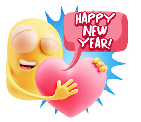 3d Rendering. Emoji in love holding heart shape saying Happy New