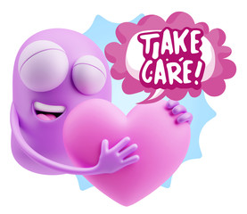 3d Rendering. Emoji in love holding heart shape saying Take Care