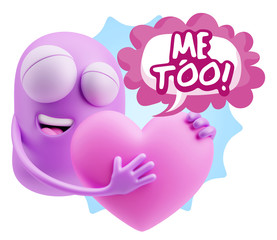 3d Rendering. Emoji in love holding heart shape saying Me Too wi