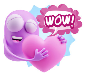 3d Rendering. Emoji in love holding heart shape saying Wow with