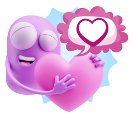 3d Rendering. Emoji in love holding heart shape saying Love with