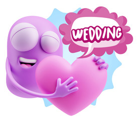 3d Rendering. Emoji in love holding heart shape saying Wedding w