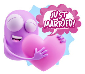 3d Rendering. Emoji in love holding heart shape saying Just Marr