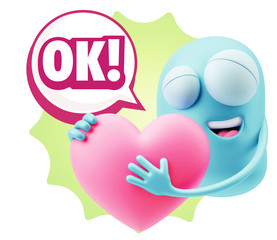 3d Rendering. Emoji in love holding heart shape saying Ok with C