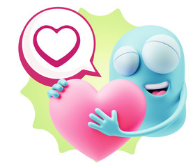 3d Rendering. Emoji in love holding heart shape saying Love with