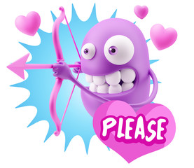 3d Rendering. Valentine Day Cupid Emoticon Face saying Please wi