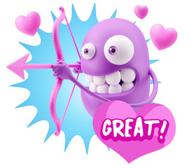 3d Rendering. Valentine Day Cupid Emoticon Face saying Great wit