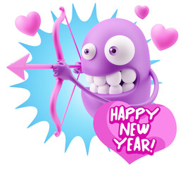 3d Rendering. Valentine Day Cupid Emoticon Face saying Happy New