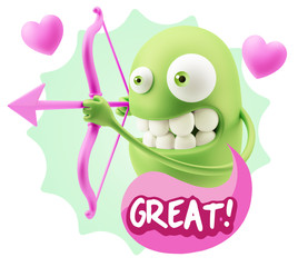 3d Rendering. Valentine Day Cupid Emoticon Face saying Great wit