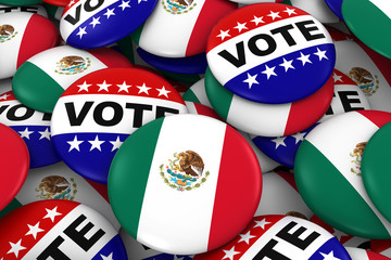 Mexico Elections Concept - Mexican Flag and Vote Badges 3D Illustration