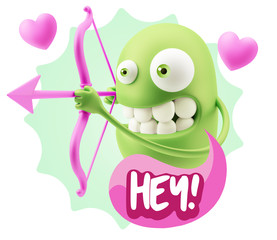 3d Rendering. Valentine Day Cupid Emoticon Face saying Hey with