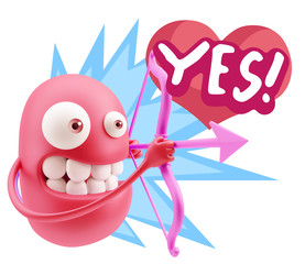 3d Rendering. Valentine Day Cupid Emoticon Face saying Yes with