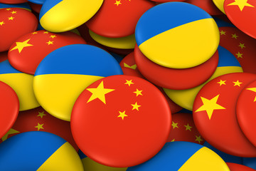 China and Ukraine Badges Background - Pile of Chinese and Ukrainian Flag Buttons 3D Illustration
