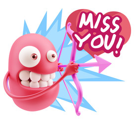 3d Rendering. Valentine Day Cupid Emoticon Face saying Miss You