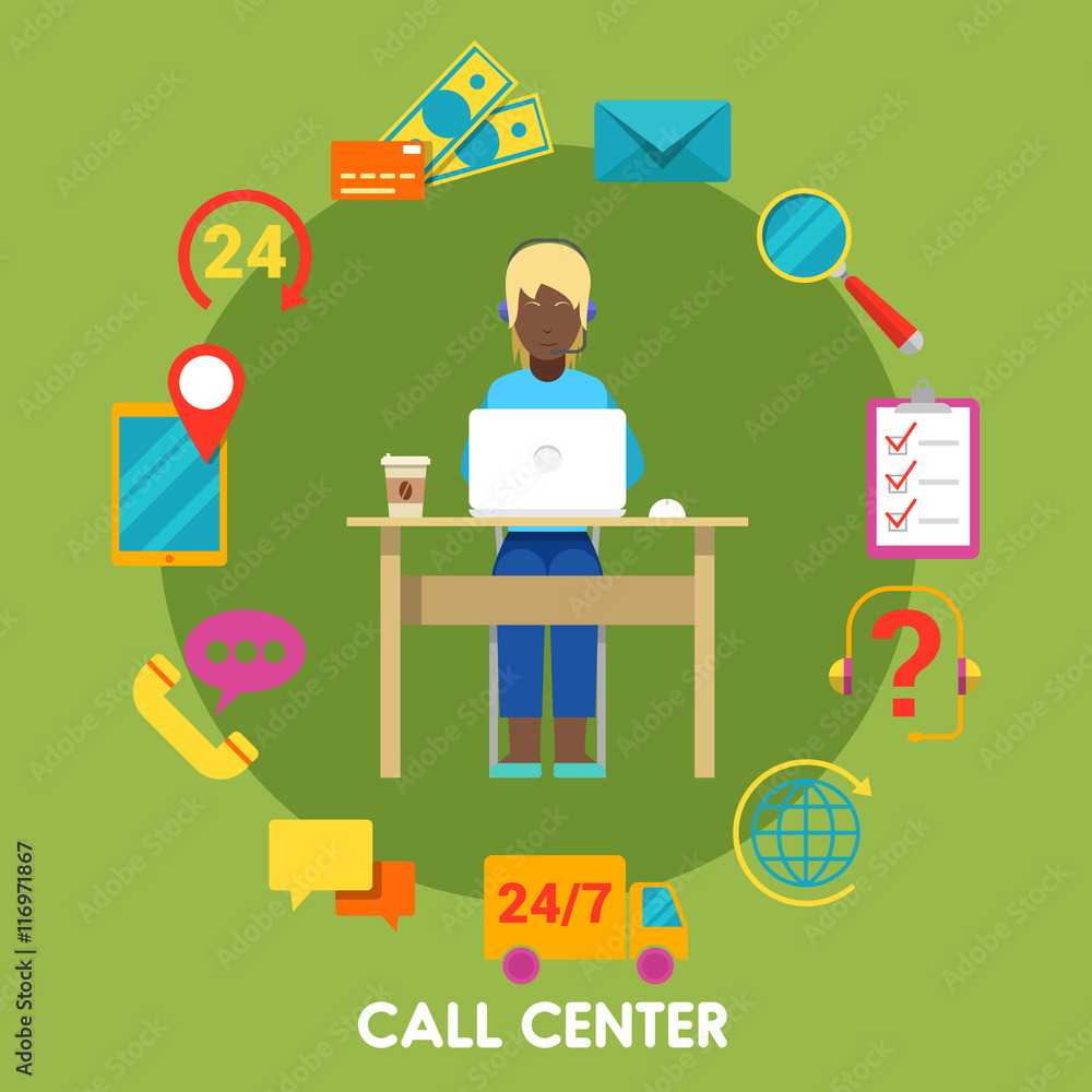 Poster call center support with operator and icon set. vector illustration