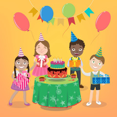 Children Party with Happy Boys and Girls, Cake and Balloons. Vector illustration