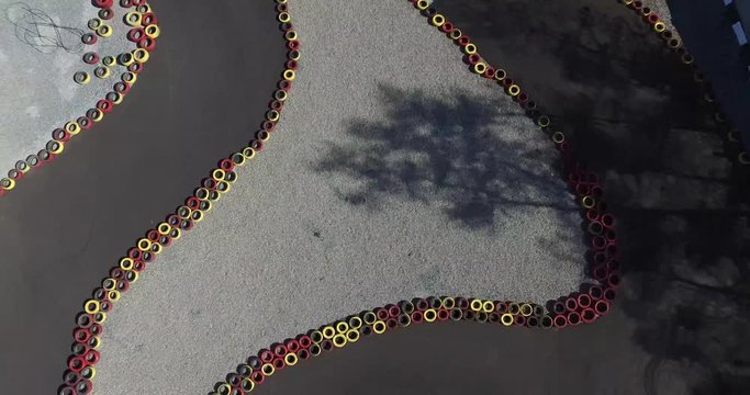 Karting racing round the track. Overhead shot