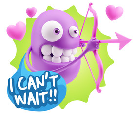 3d Rendering. Valentine Day Cupid Emoticon Face saying I Can't W