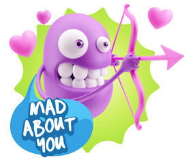 3d Rendering. Valentine Day Cupid Emoticon Face saying Mad About