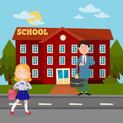 Obraz na płótnie Canvas Back to School Education Concept with School Building Teacher and Schoolgirl. Vector illustration