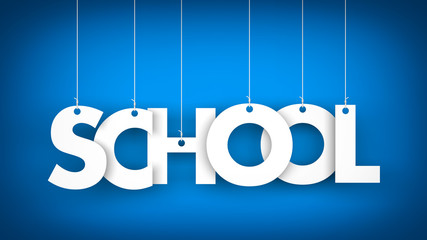 Word School hanging on ropes. Blue background. 3d illustration