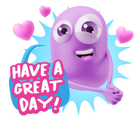 3d Rendering. Emoji in love with hearts shapes saying Have A Gre