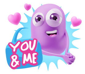 3d Rendering. Emoji in love with hearts shapes saying You And Me