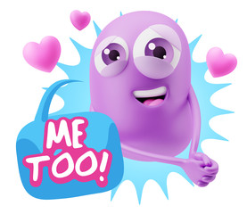 3d Rendering. Emoji in love with hearts shapes saying Me Too wit