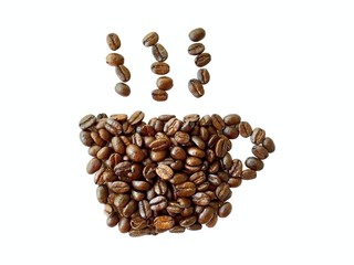 roasted coffee beans, coffee cup shape isolated on white backgro