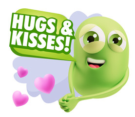 3d Rendering. Emoji in love with hearts shapes saying Hugs And K