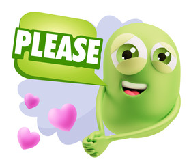 3d Rendering. Emoji in love with hearts shapes saying Please wit