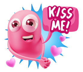 3d Rendering. Emoji in love with hearts shapes saying Kiss Me wi