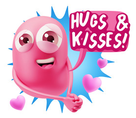 3d Rendering. Emoji in love with hearts shapes saying Hugs And K