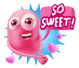 3d Rendering. Emoji in love with hearts shapes saying So Sweet w