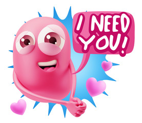 3d Rendering. Emoji in love with hearts shapes saying I Need You