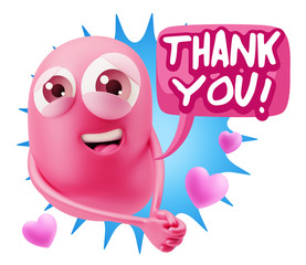 3d Rendering. Emoji in love with hearts shapes saying Thank You