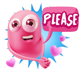 3d Rendering. Emoji in love with hearts shapes saying Please wit