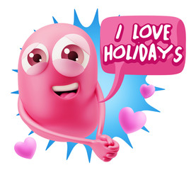 3d Rendering. Emoji in love with hearts shapes saying I Love Hol