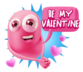 3d Rendering. Emoji in love with hearts shapes saying Be My Vale