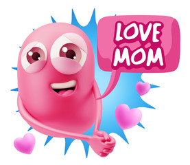 3d Rendering. Emoji in love with hearts shapes saying Love Mom w