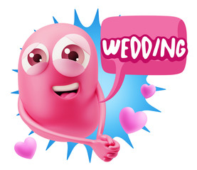 3d Rendering. Emoji in love with hearts shapes saying Wedding wi