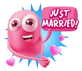 3d Rendering. Emoji in love with hearts shapes saying Just Marri