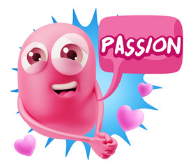 3d Rendering. Emoji in love with hearts shapes saying Passion wi