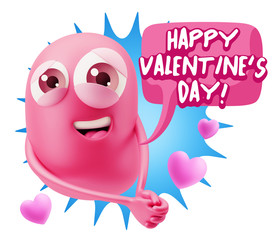 3d Rendering. Emoji in love with hearts shapes saying Happy Vale